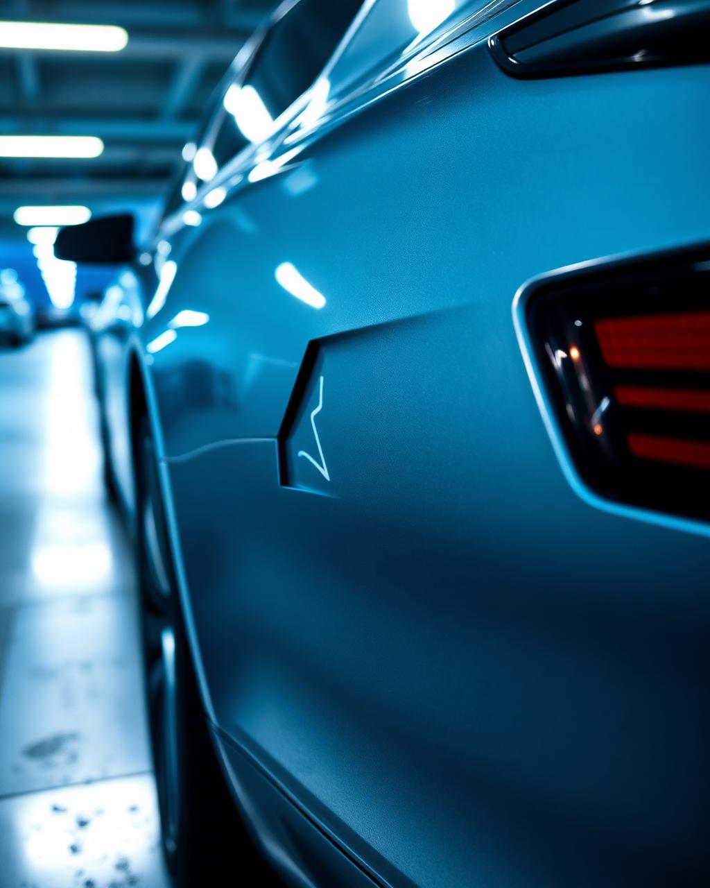 Close-up of a dent and paint scratches on a car door panel